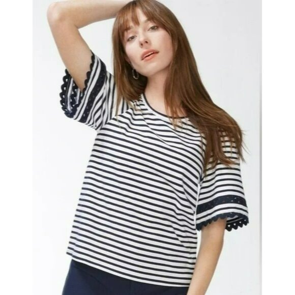 Chico's Black & White Stripe Pullover Tee Top Sz 0 Small Ric-Rac Sleeve Stretch - Picture 1 of 7